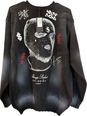 Left Point Black Crewneck Sweater with White & Red Graphic Rhinestones NWT